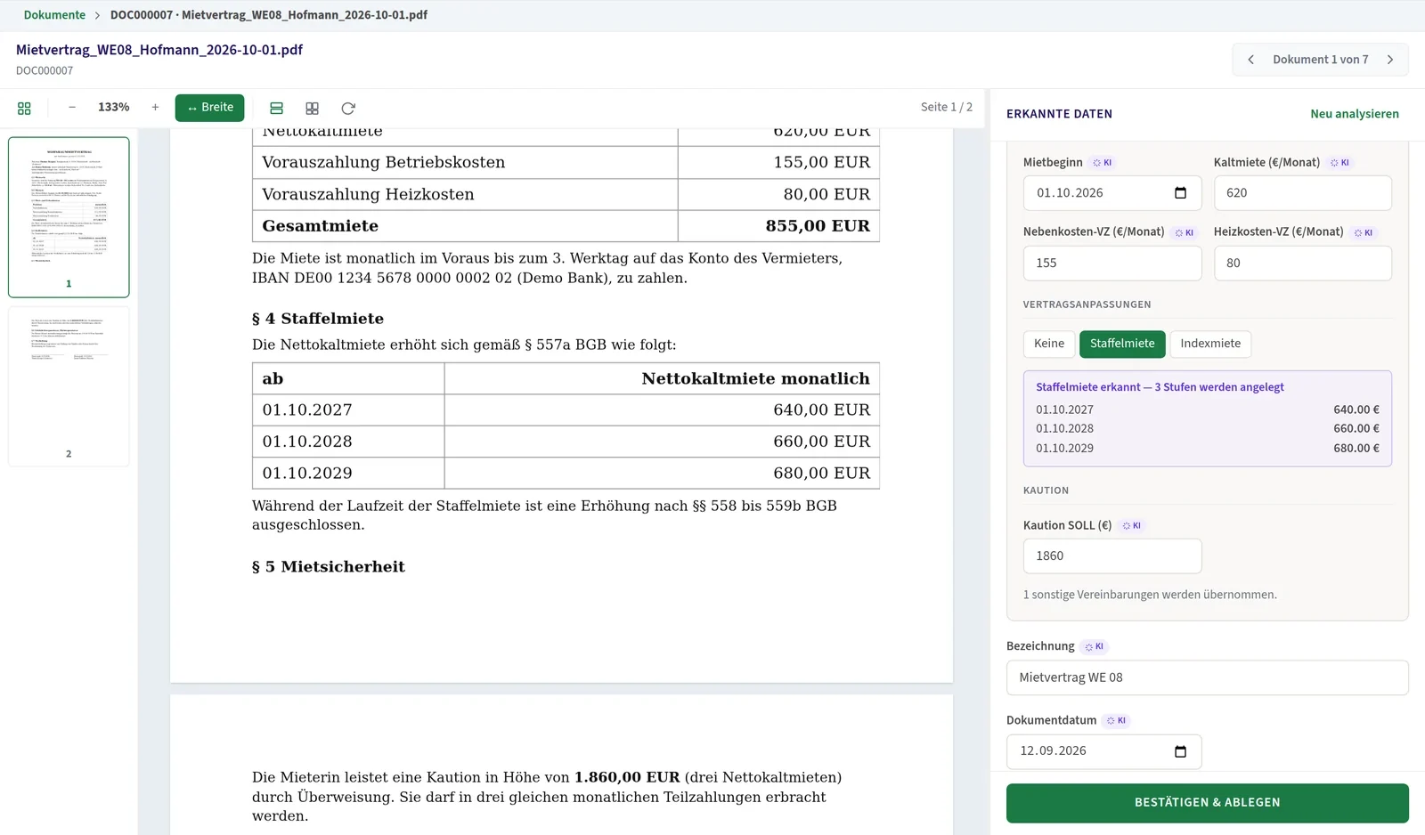 Copilot mit Beispieldaten: Mietvertrag links, rechts die erkannten Daten Mietbeginn, Kaltmiete, Vorauszahlungen, Staffelmiete und Kaution zur Bestätigung.