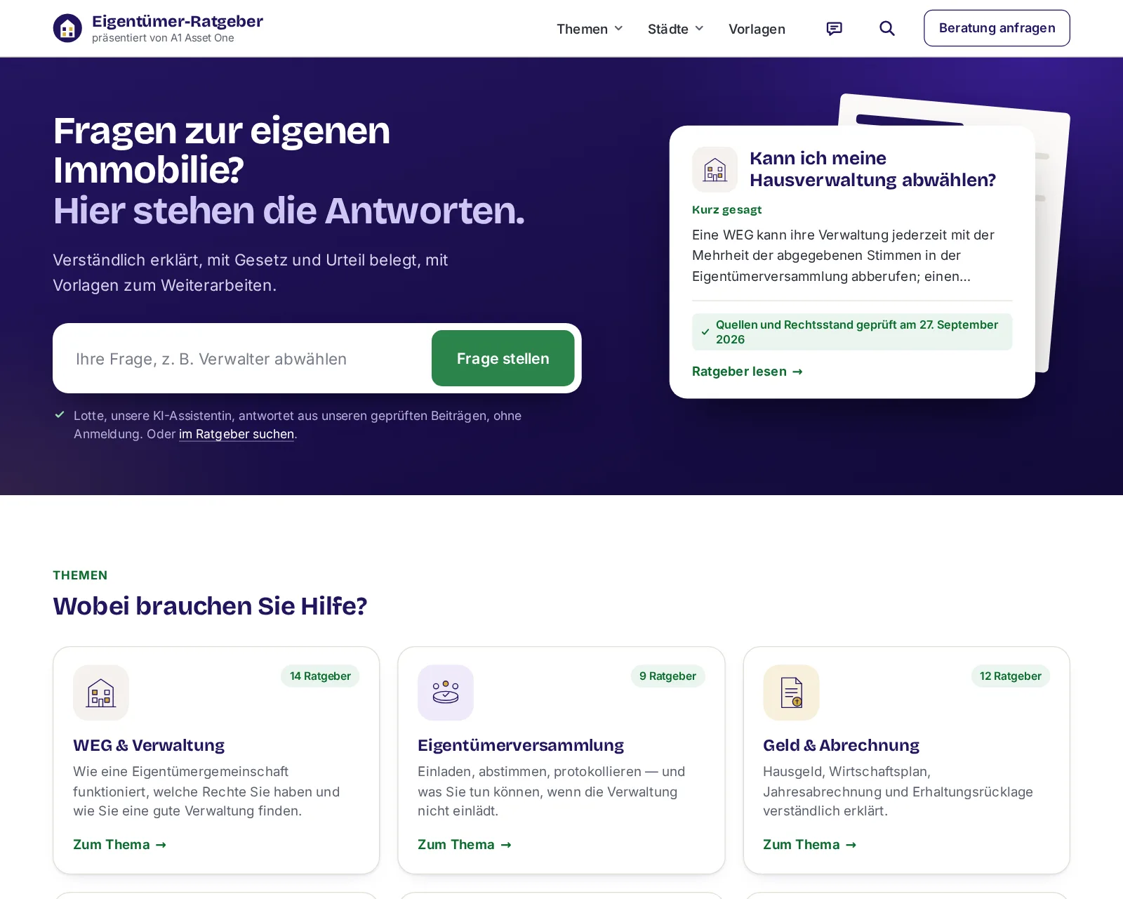 Startseite des Eigentümer-Ratgebers: Frage an die KI-Assistentin Lotte stellen und Themen wie WEG und Verwaltung, Eigentümerversammlung, Geld und Abrechnung